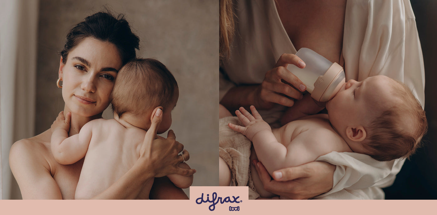 Twee beelden van de Mammafeel. Moeder met bloot kindje aan borst en kinde gevoed met de Mammafeel fles.