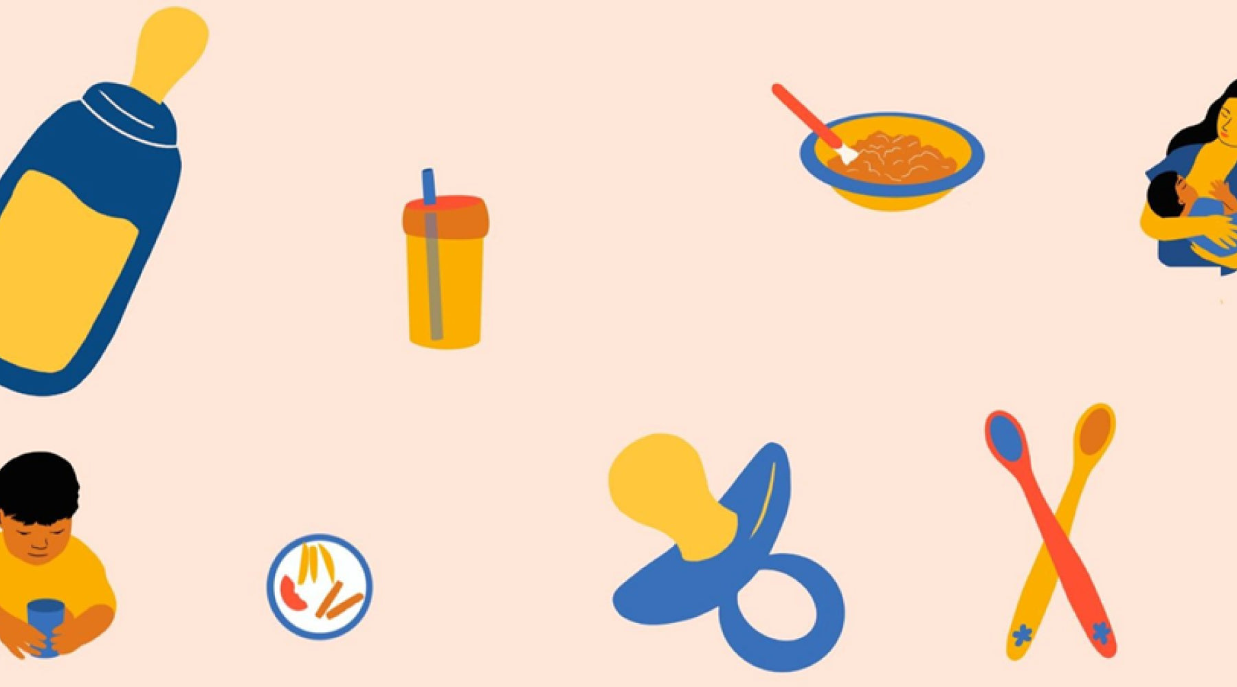 Illustratie met babyproducten op roze achtergrond: babyfles, drinkbeker, kommetje met eten, lepels, fopspeen en kinderen die eten en drinken
