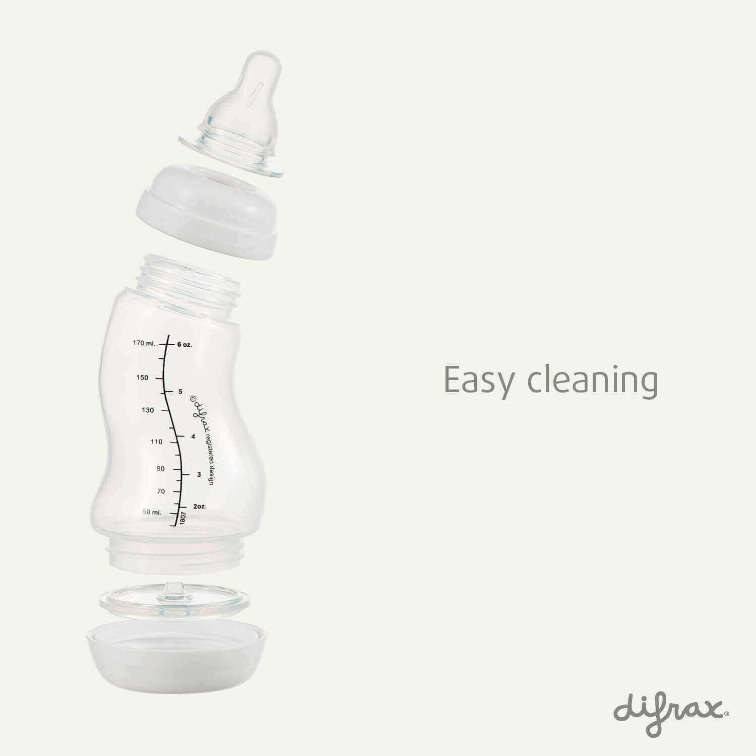 Difrax S-flesje volledig demonteerbaar in losse onderdelen voor eenvoudige en grondige reiniging