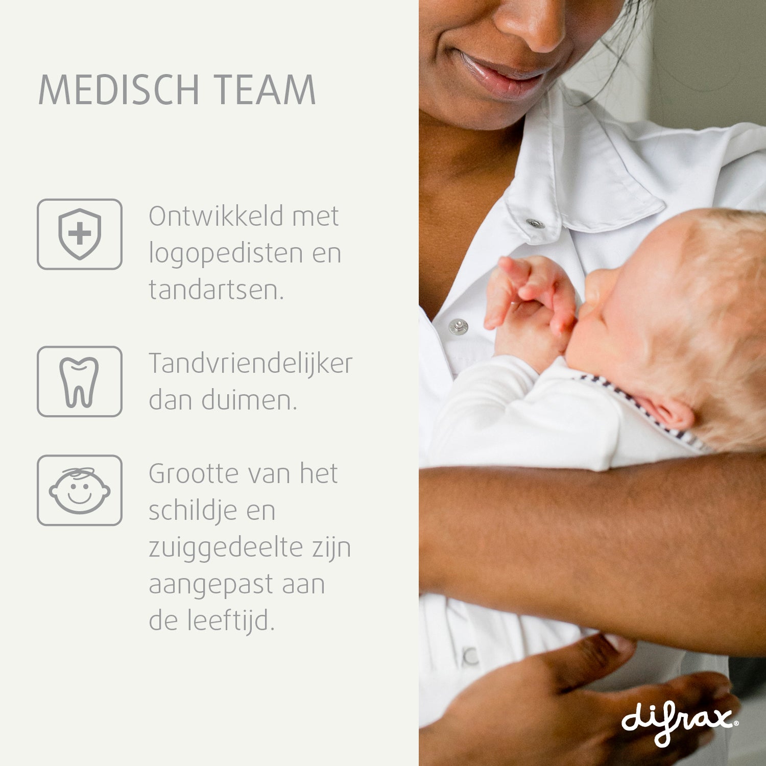 Difrax fopspeen ontwikkeld met logopedisten en tandartsen - tandvriendelijker dan duimen, maat aangepast aan leeftijd baby