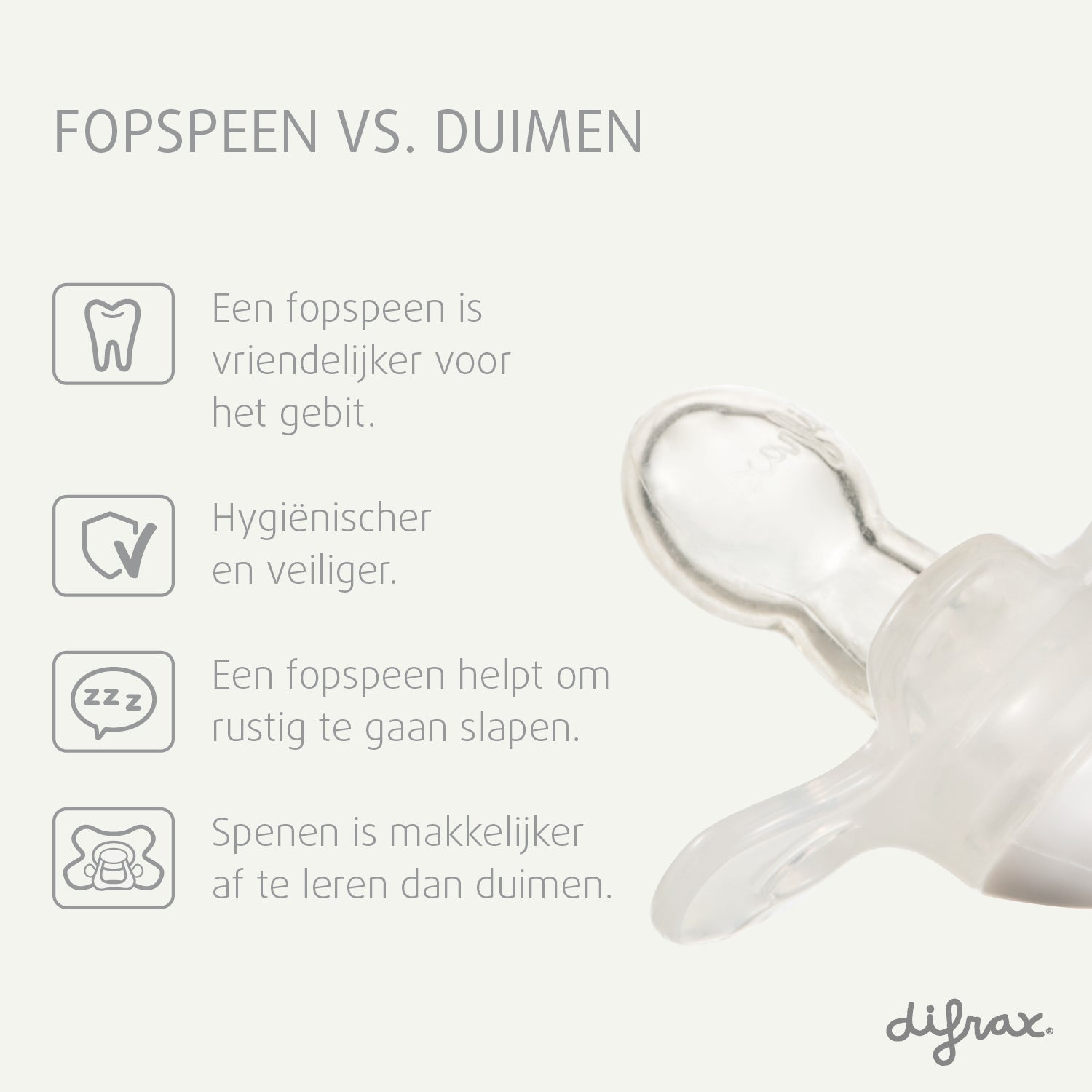 Difrax Natural fopspeen voordelen versus duimzuigen - tandvriendelijk, hygiënischer, helpt bij slapen, makkelijker af te leren