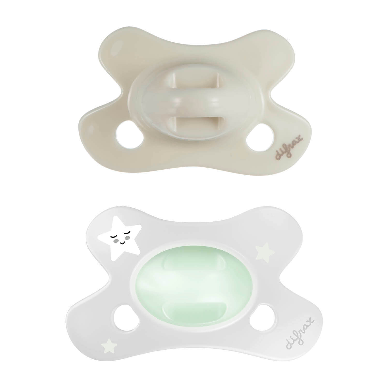 Difrax fopspeen Newborn 0-6 maanden duo-pack: ivory natural en glow-in-the-dark met sterrenprint