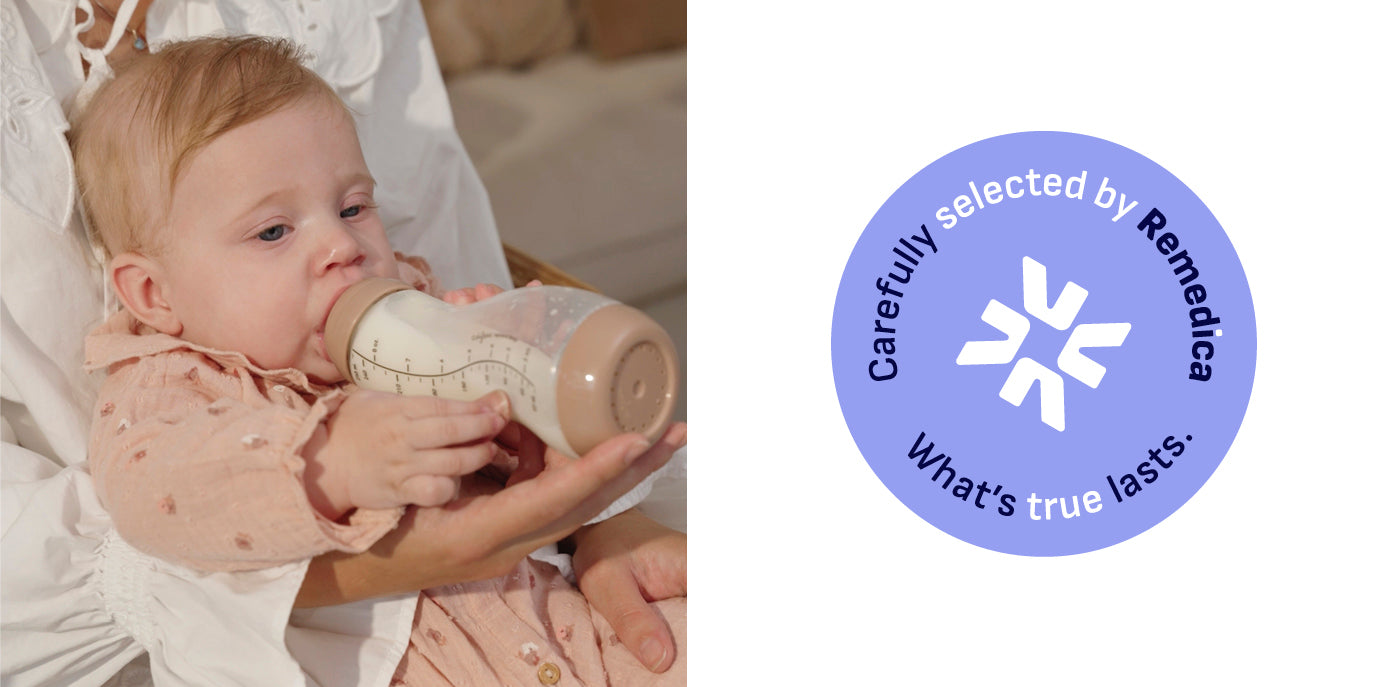 Baby drinkt uit Difrax fles naast badge 'Carefully selected by Remedica - What's true lasts'