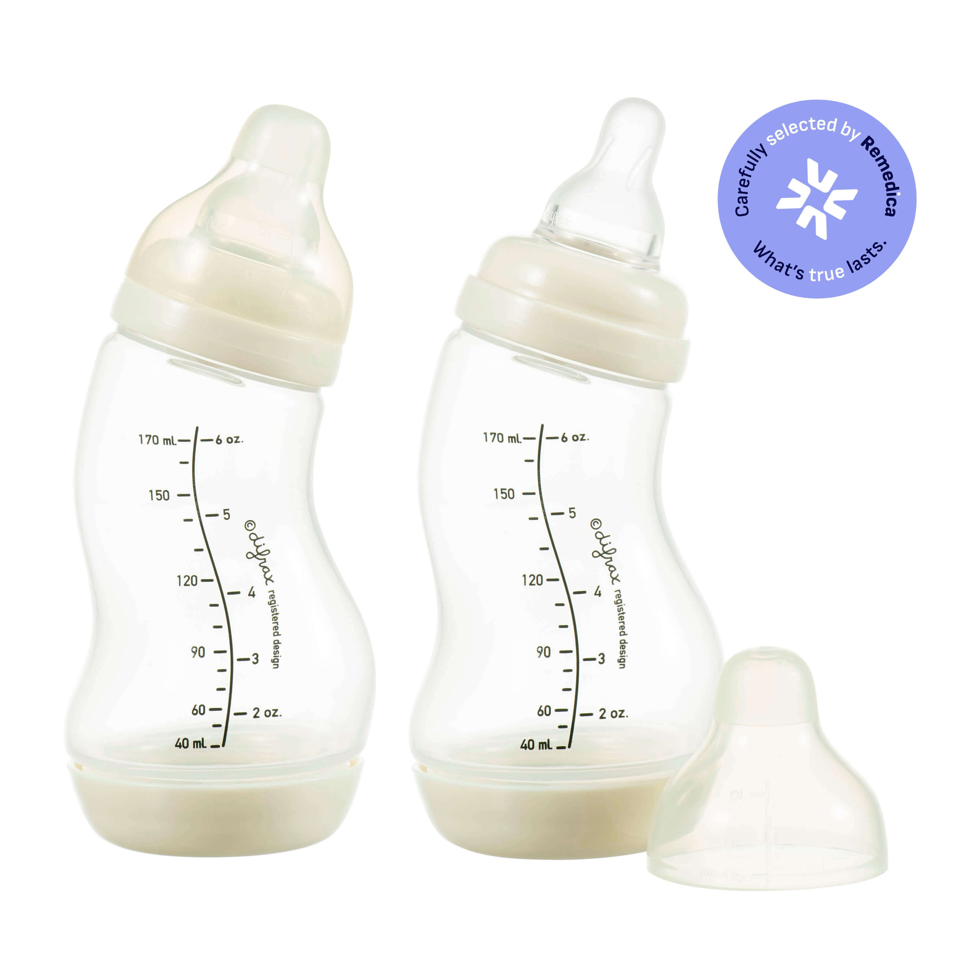 Difrax S-fles Natural 170ml ivory duo verpakking met twee flessen, Natural speen en Remedica keurmerk 'Carefully selected by Remedica - What's true lasts'