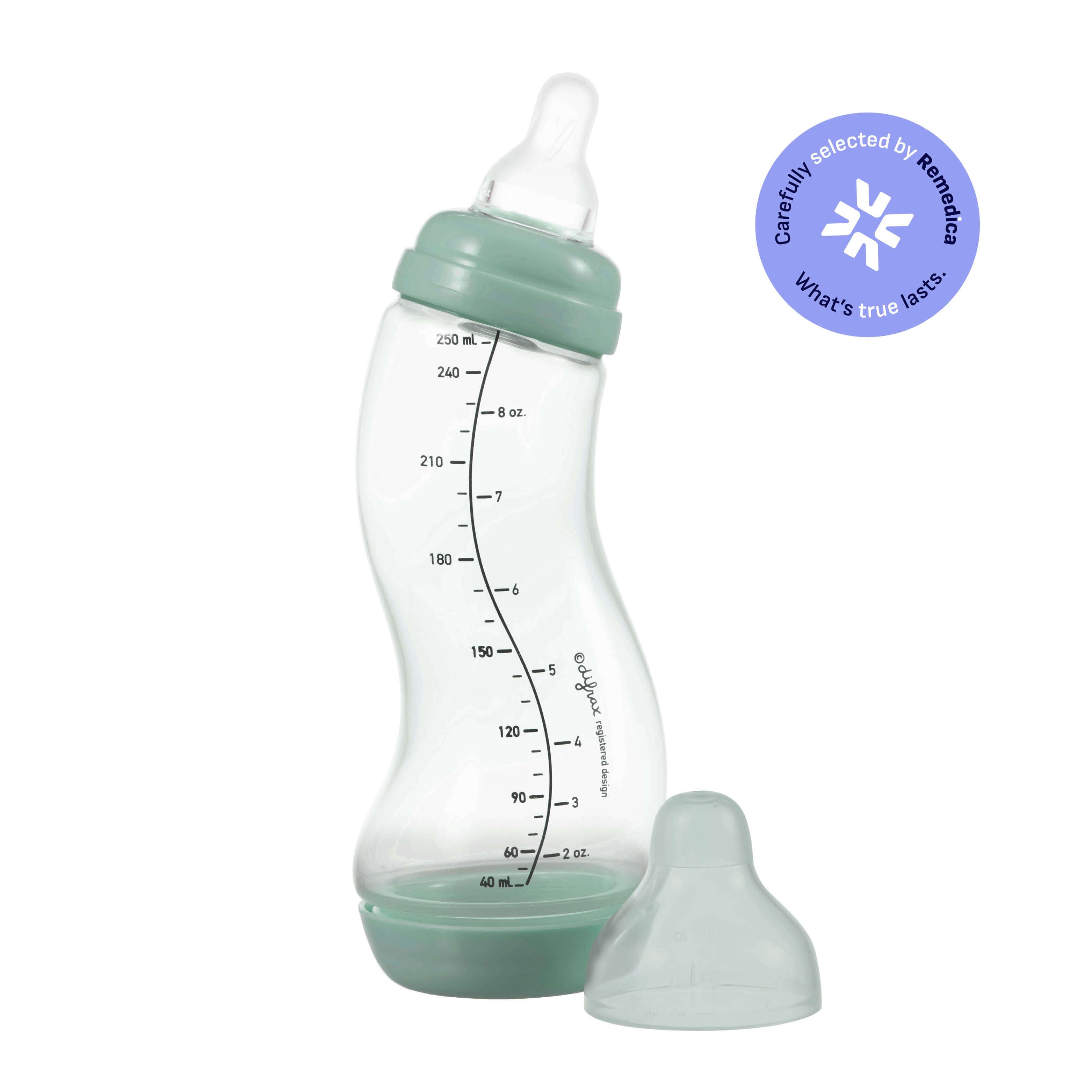 Difrax S-fles 250ml in Sage groen met natuurlijke speen en anti-colic systeem, met Remedica medisch keurmerk