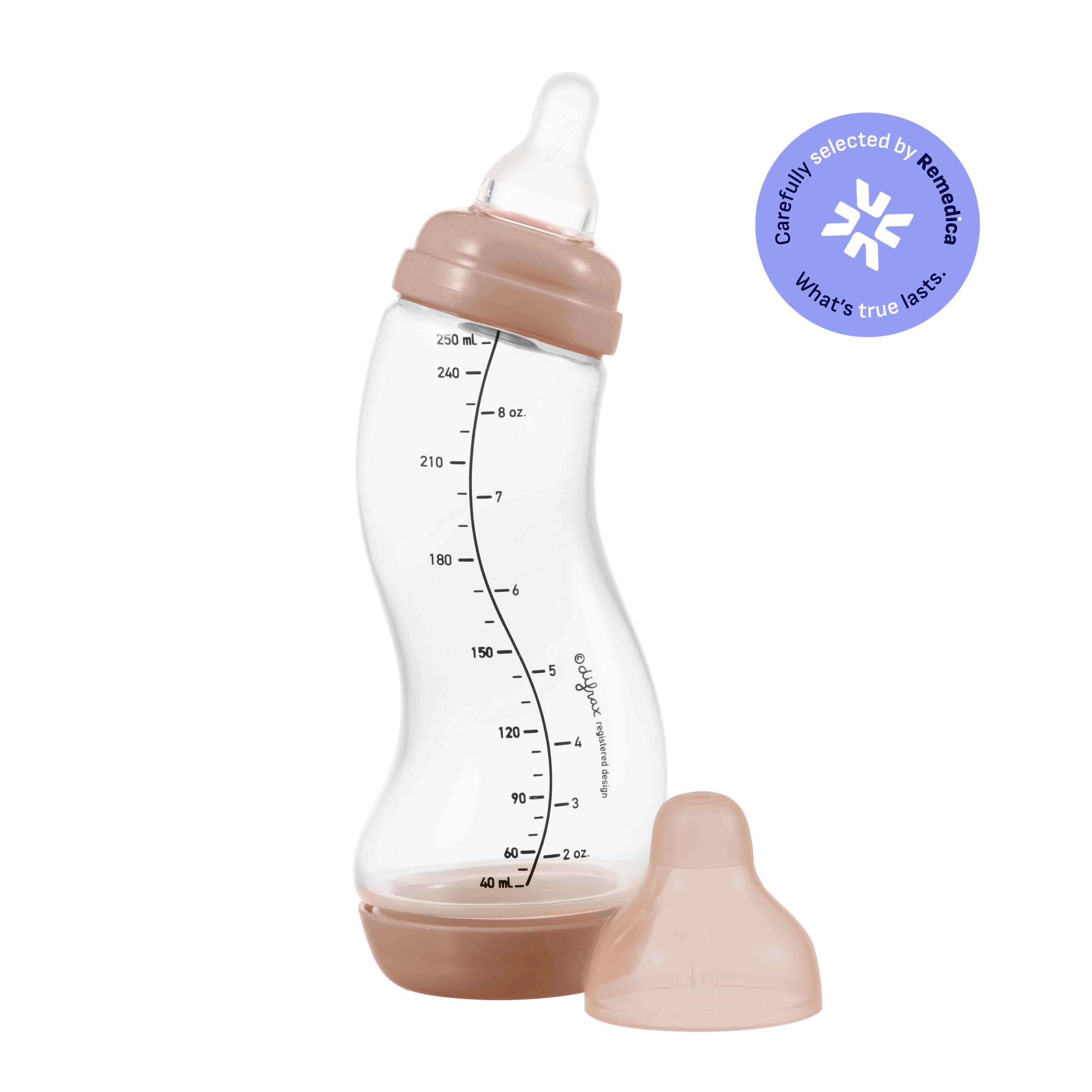 Difrax S-fles 250ml in Mocha beige met natuurlijke speen en anti-colic functie, voorzien van Remedica kwaliteitskeurmerk