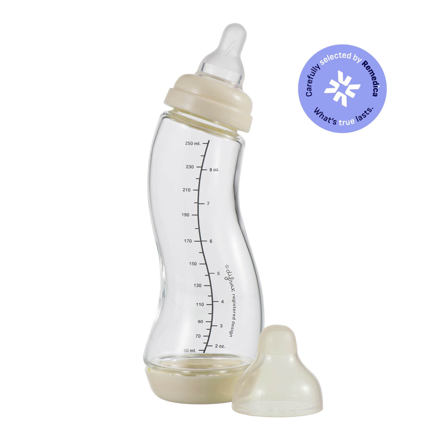 Difrax glazen S-fles 250ml kleur Popcorn (naturel) met Natural speen en extra speen – geselecteerd door Remedica