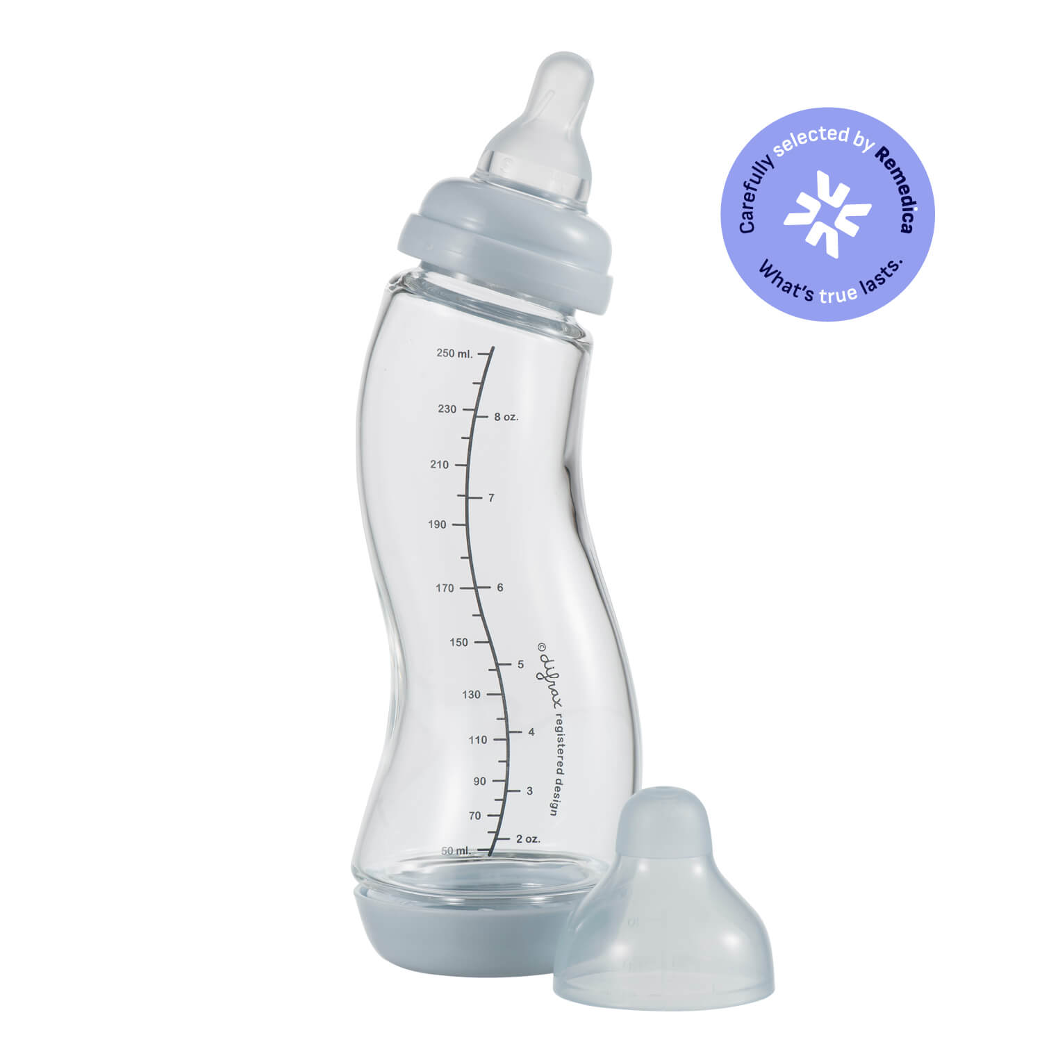 Difrax glazen S-fles 250ml kleur Ice (lichtblauw) met Natural speen en extra speen – zorgvuldig geselecteerd door Remedica