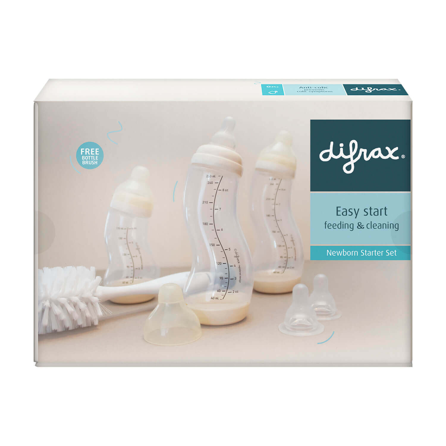 Difrax Newborn Starter Set verpakking met drie babyflesjes, spenen en flessenborstels – Easy Start feeding & cleaning