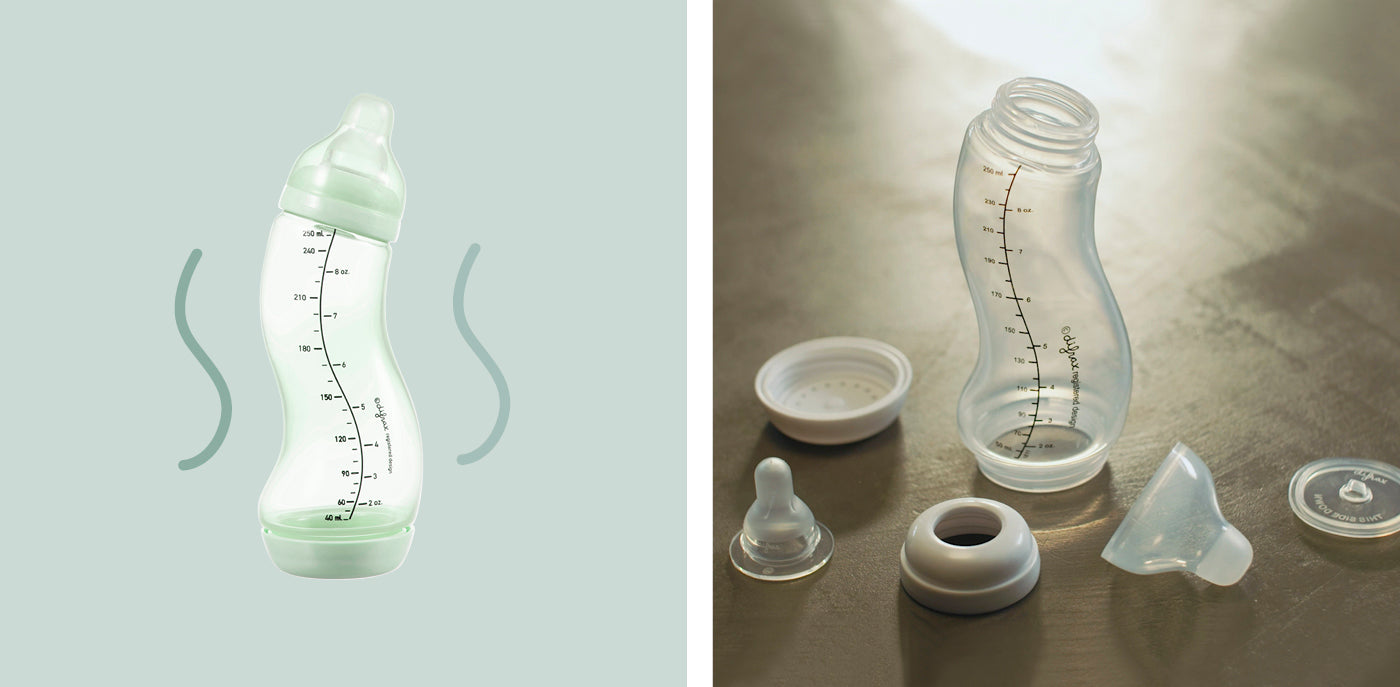 Difrax S-fles met mintgroene onderdelen naast gedemonteerde flesonderdelen inclusief speen, ring, en anti-colic inserts