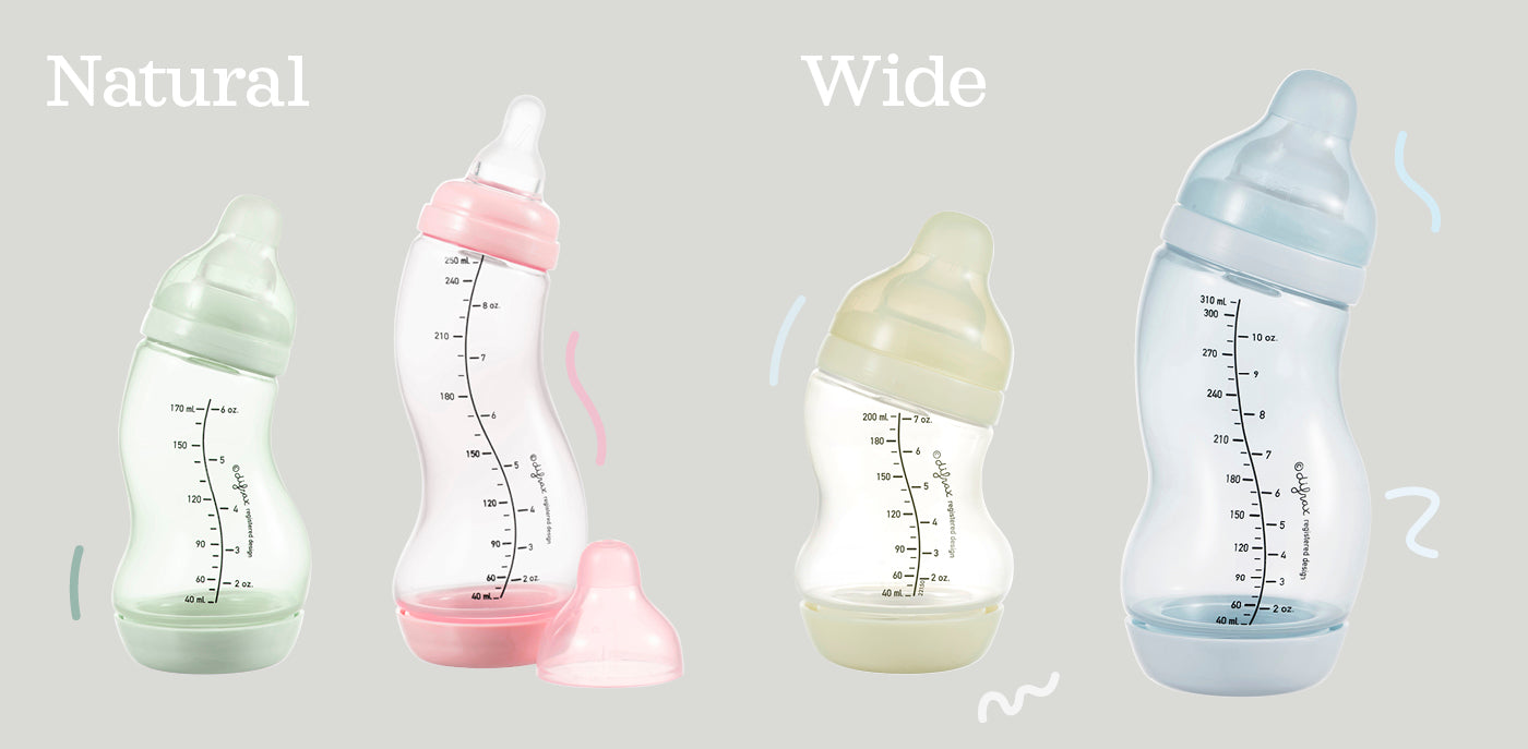 Difrax Natural (170ml en 250ml) en Wide (200ml en 310ml) flessen in mintgroen, roze, beige en blauw met maataanduidingen