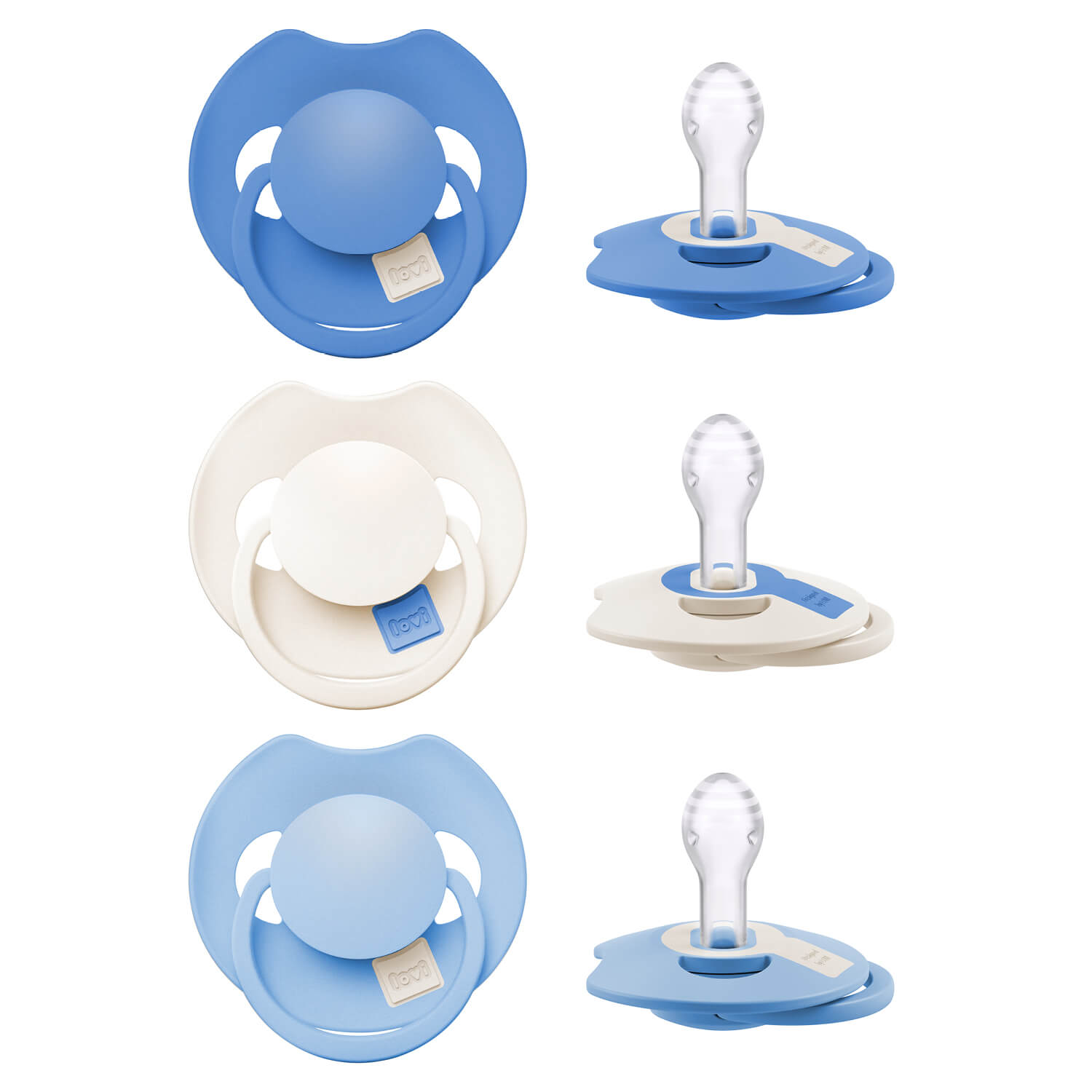 Drie Difrax LOVI Dynamic fopspenen 6-18 maanden Ultramarine Blue in voor- en zijaanzicht met zichtbare siliconen speen