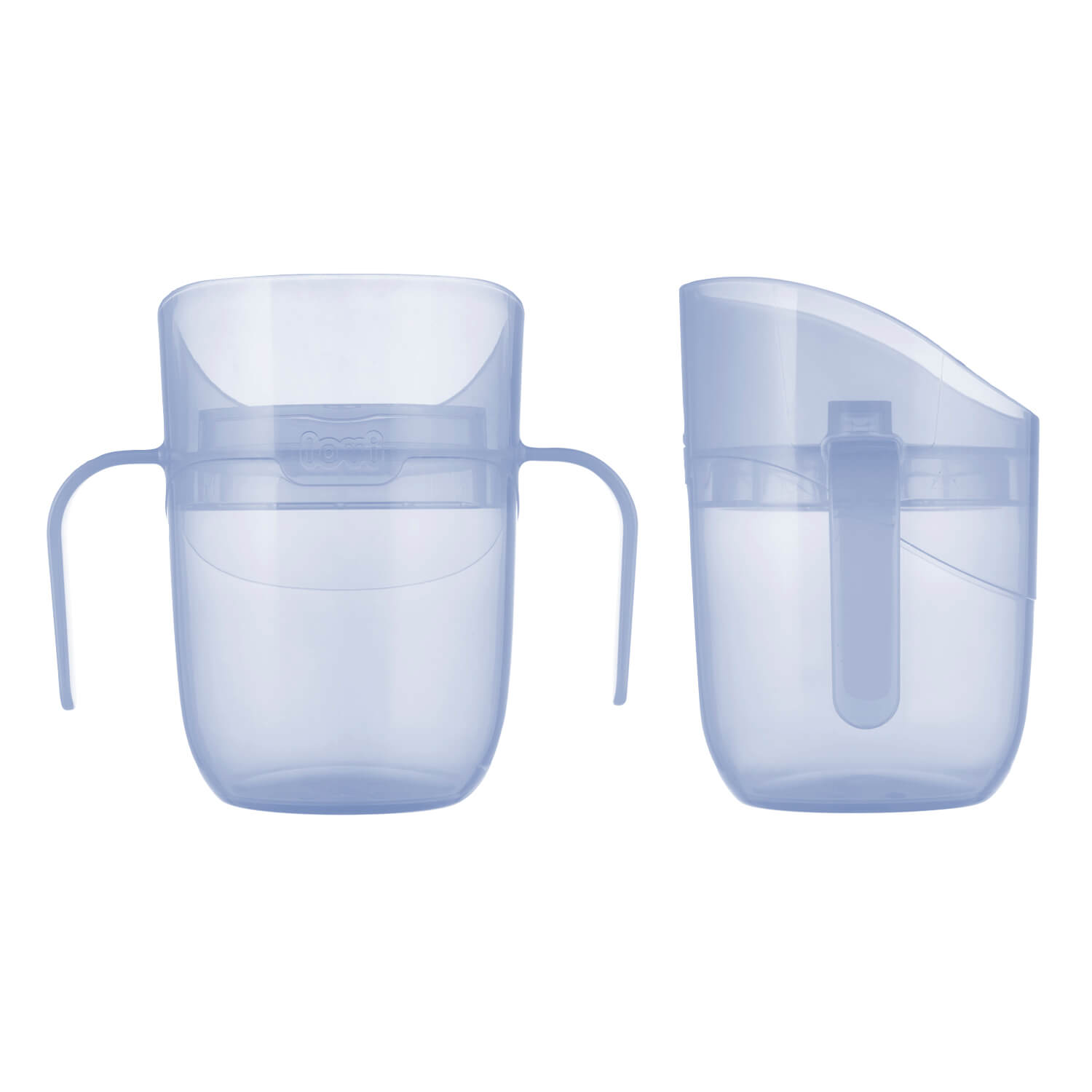 Genius trainer cup in aquamarijn transparant, voor- en zijaanzicht met ergonomische handvatten en afneembaar mondstuk