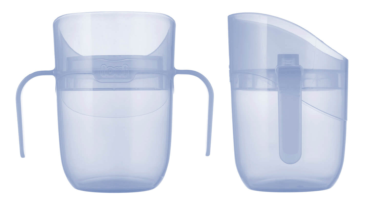 Genius trainer cup in aquamarijn transparant, voor- en zijaanzicht met ergonomische handvatten en afneembaar mondstuk