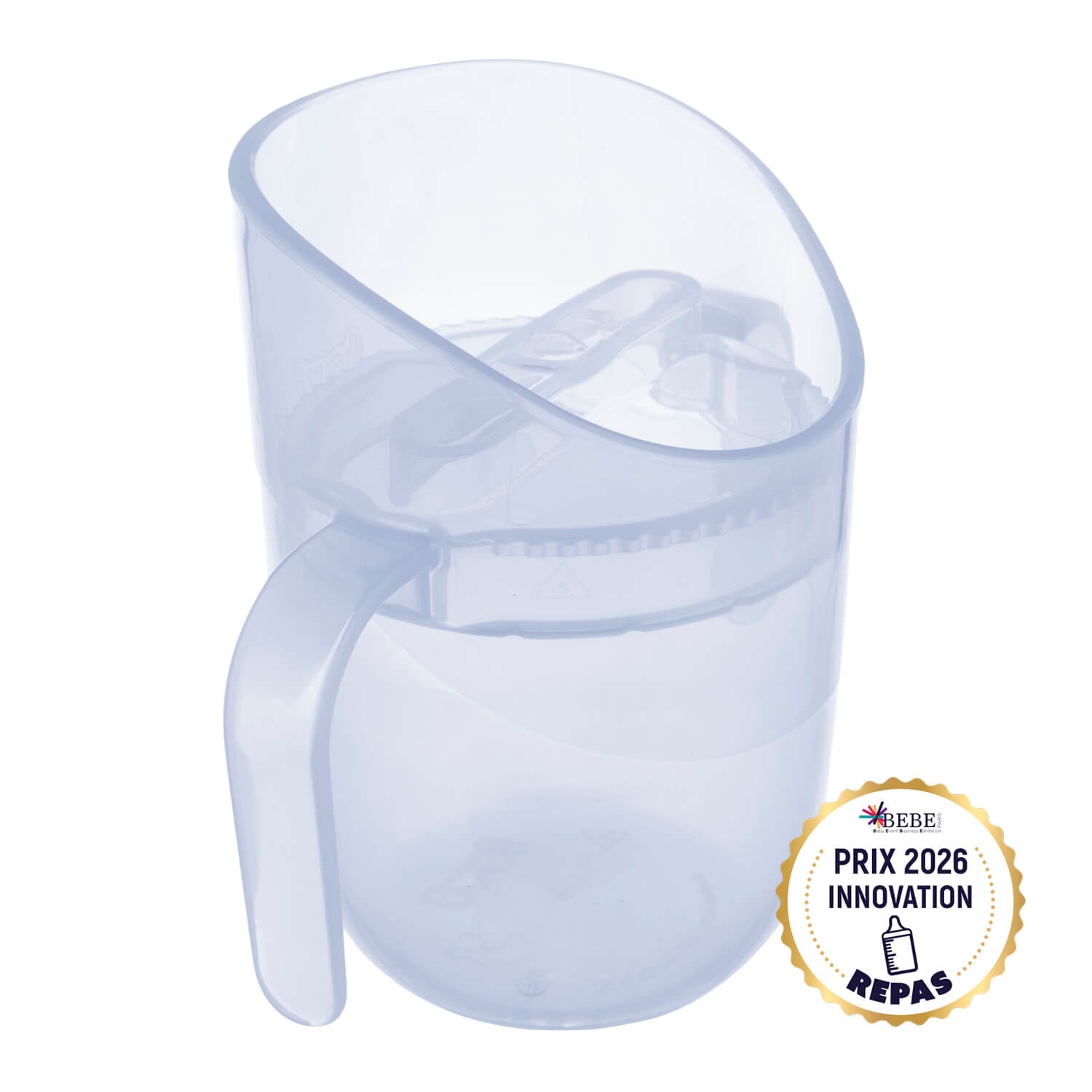 Béaba Genius trainer cup in aquamarijn transparant, schuine aanzicht, met Prix Innovation 2026 Repas keurmerk