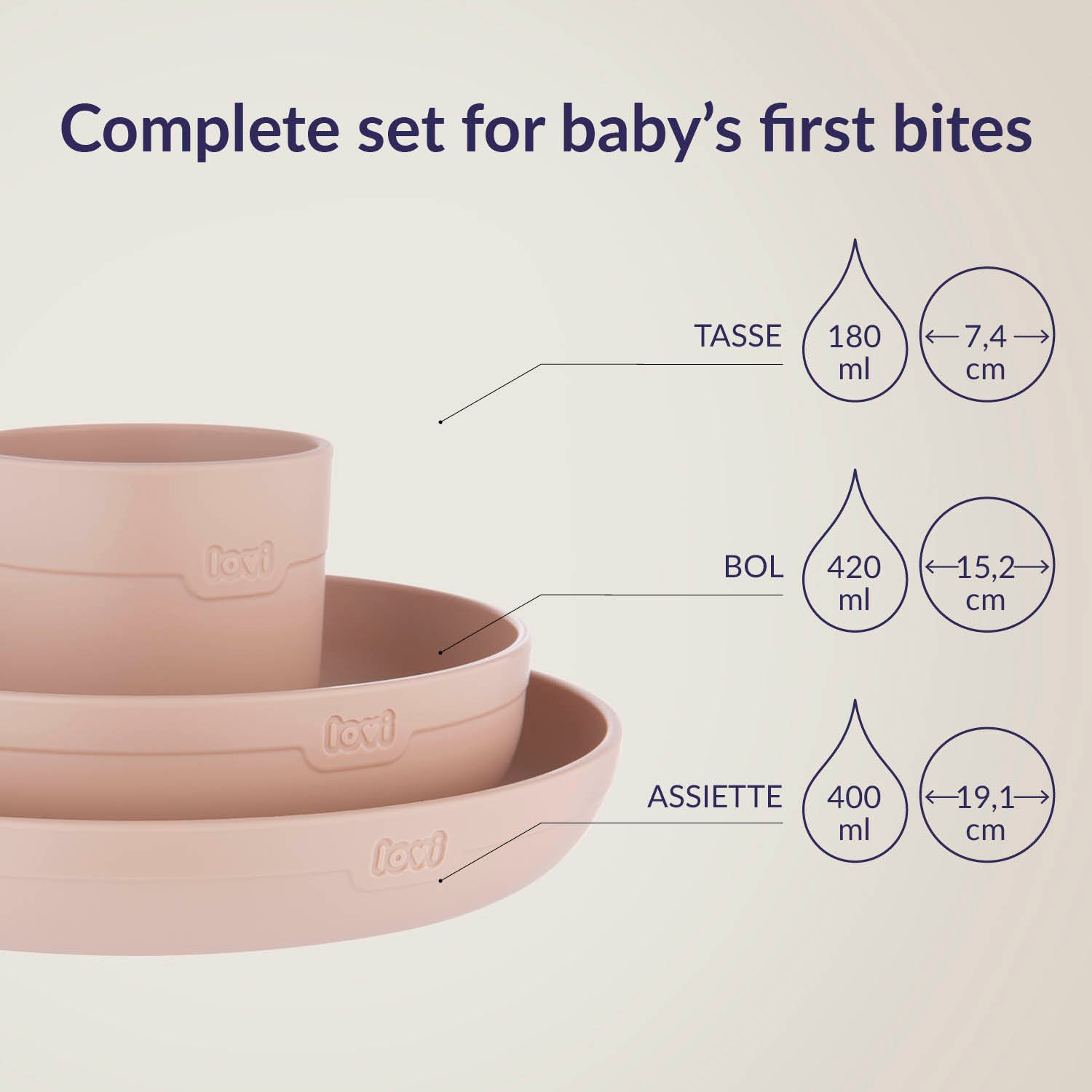 Bord Ø19,1 cm, kom Ø15,2 cm en open beker 180 ml uit de Difrax LOVI Baby Eet- & Drinkset Nude – complete set for baby’s first bites, veilig en ergonomisch ontwerp.