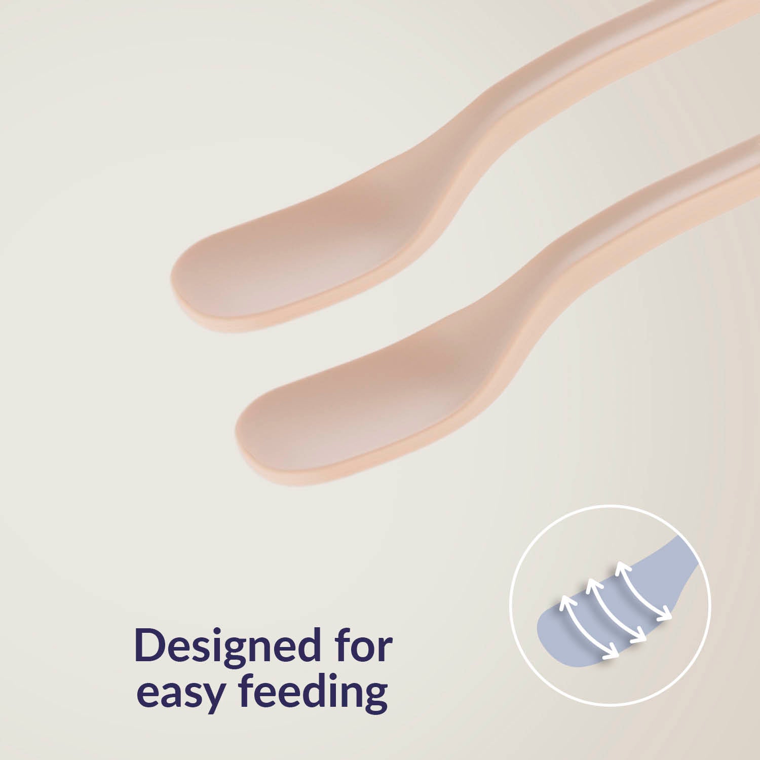 Voedingslepels uit de Difrax LOVI Baby Eet- & Drinkset Nude – ontworpen voor gemakkelijk voeren, ergonomisch handvat en smal, ondiep lepeltje voor kleine hapjes.