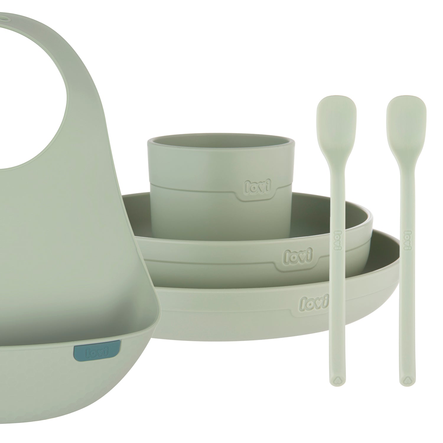 Difrax LOVI Baby Eet- & Drinkset Pistachio – complete set met bord, kom, open beker, twee voedingslepels en siliconen slab voor veilig en comfortabel zelfstandig eten.