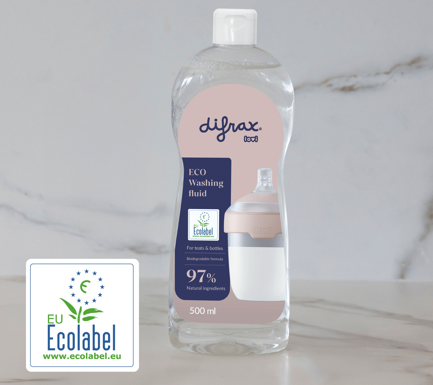 Difrax LOVI Eco afwasmiddel uit de Deluxe Babyset Nude – mild, hypoallergeen en pH-neutraal, met EU Ecolabel voor milieuvriendelijk gebruik op babyflesjes en accessoires.