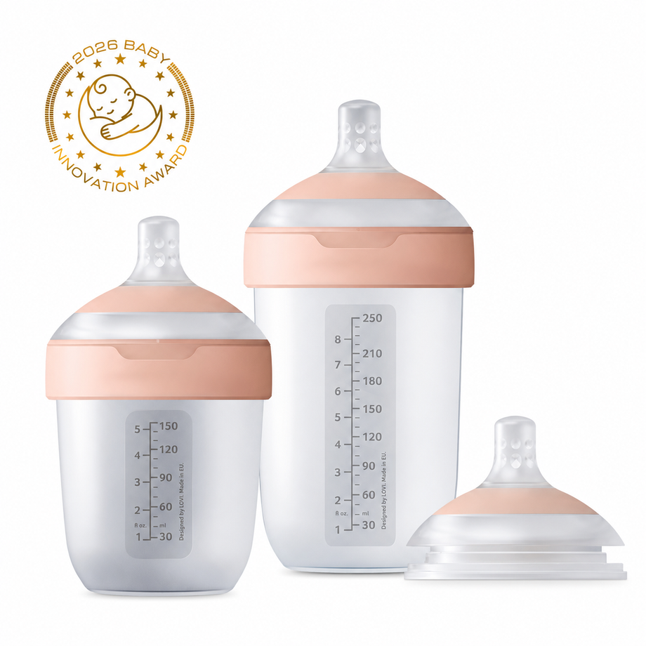 Difrax LOVI Samen Groeien Set met twee Mammafeel flessen (150 ml en 250 ml) en een flessenspeen in maat naar keuze – ontworpen voor natuurlijk en comfortabel voeden.