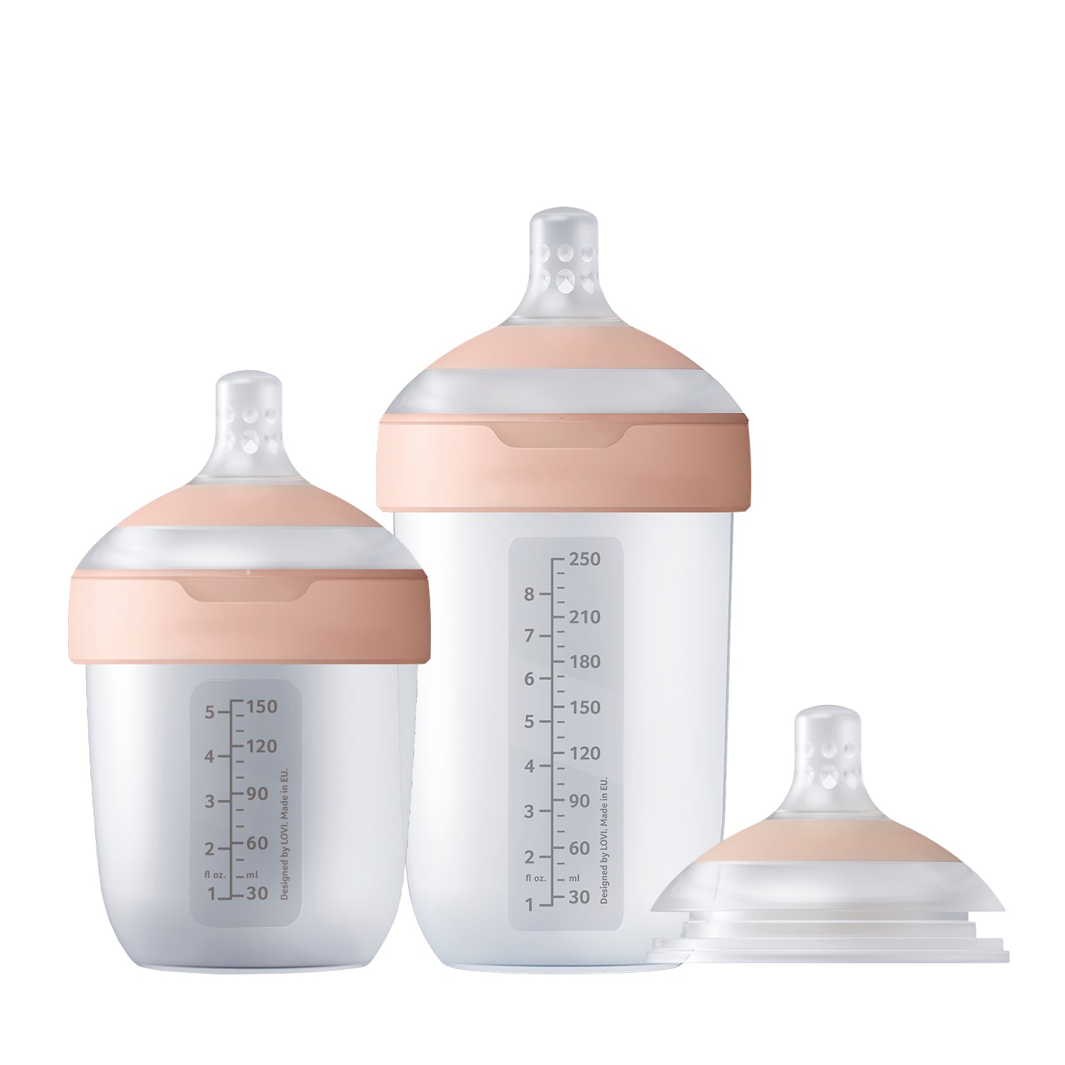 Difrax LOVI Samen Groeien Set met twee Mammafeel flessen (150 ml en 250 ml) en een flessenspeen in maat naar keuze – ontworpen voor natuurlijk en comfortabel voeden.