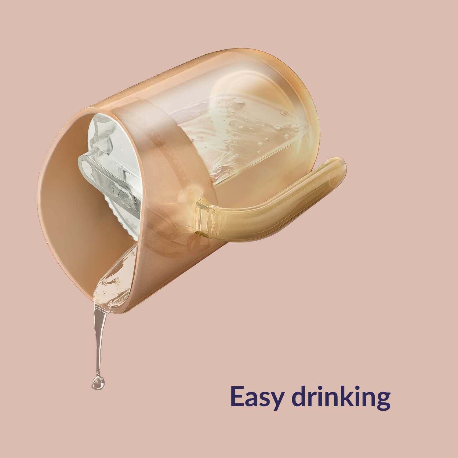 Illustratie van Difrax LOVI Genius oefenbeker met inzetstuk, toont de functie voor gemakkelijk en gecontroleerd drinken.