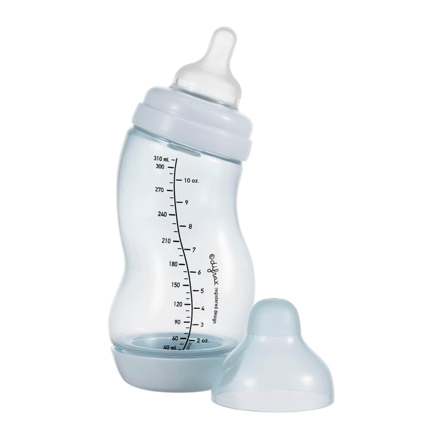 Difrax S-fles 310ml in Ice blauw met natuurlijke speen, ergonomische vorm en anti-colic systeem voor oudere baby's