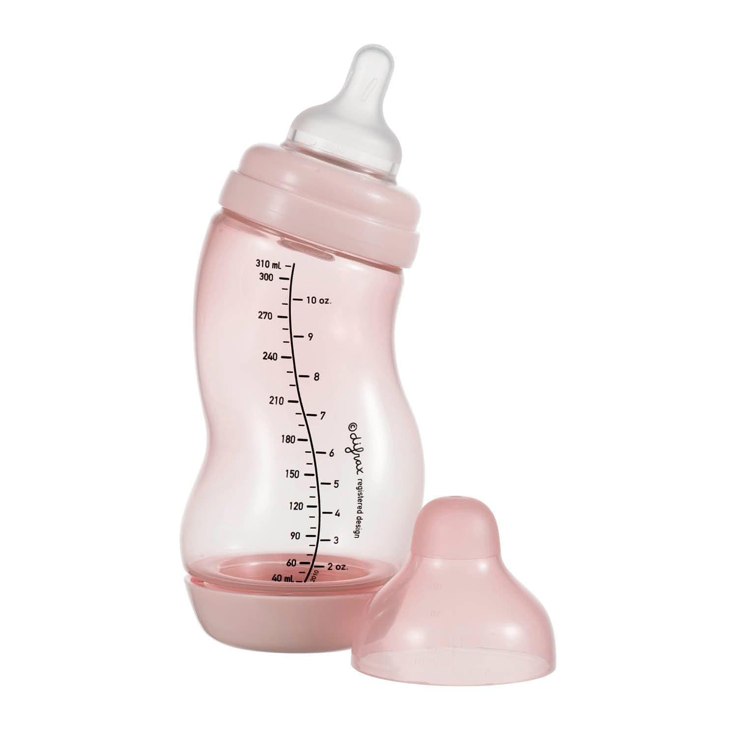 Difrax S-fles 310ml in Blossom roze met ergonomische S-vorm, volumemaatverdeling tot 310ml en anti-colic bodem