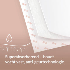 Close-up van een LOVI zoogcompres met superabsorberende en anti-geurtechnologie.