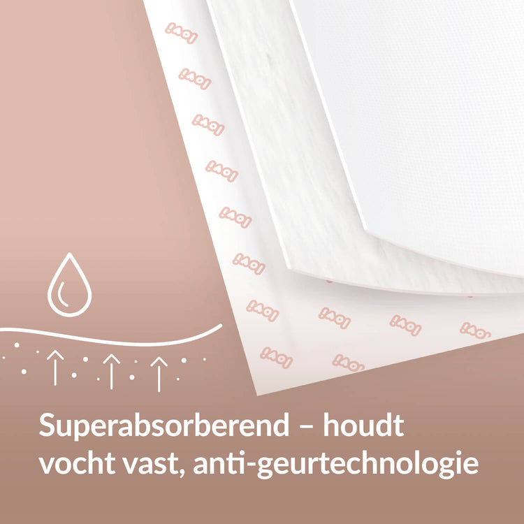 Close-up van een LOVI zoogcompres met superabsorberende en anti-geurtechnologie.