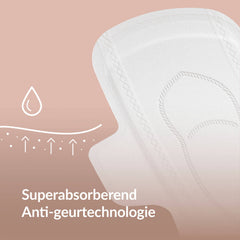 Close-up van een kraamverband met superabsorberende en anti-geurtechnologie.