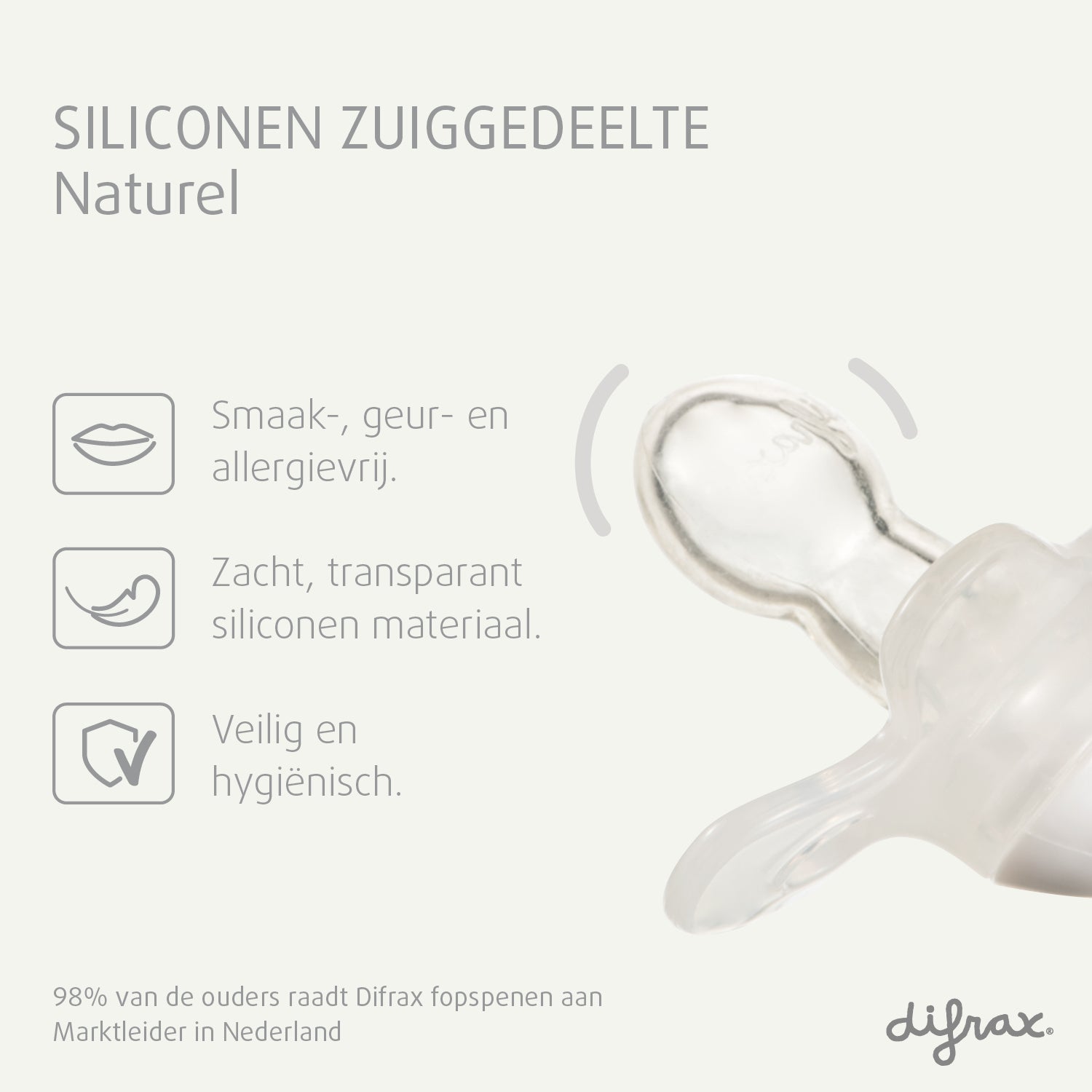 Difrax Natural fopspeen met siliconen zuiggedeelte - smaak- geur- en allergievrij, zacht transparant materiaal, veilig en hygiënisch