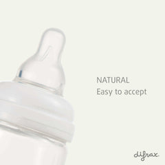 Close-up van Difrax Natural speen – anatomisch gevormd voor een natuurlijke zuigbeweging, eenvoudig te accepteren door baby