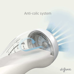 Close-up van het Difrax anti-colic ventielsysteem in de fles – voorkomt luchtinname en vermindert krampjes bij baby's