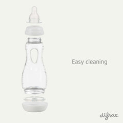 Gedemonteerde Difrax Easy Grip fles met alle losse onderdelen, toont gemakkelijke schoonmaak en hygiënische reiniging