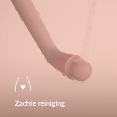 Spuitmond van de Difrax LOVI Peri-fles met zachte waterstraal en de tekst "Zachte reiniging"