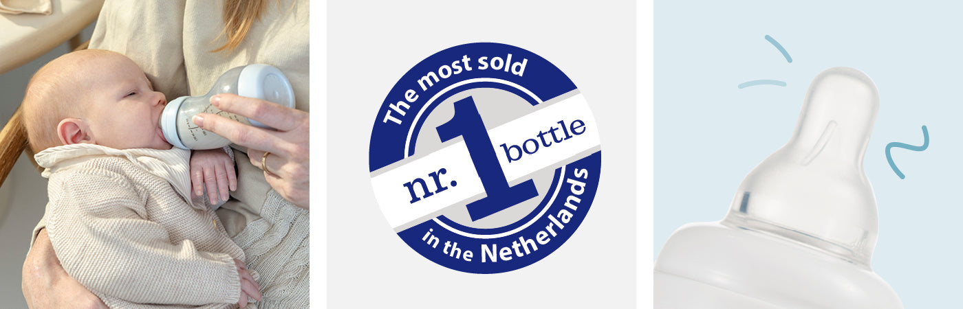 Drieluik met baby die drinkt, badge 'The most sold nr. 1 bottle in the Netherlands', en Difrax S-flessen