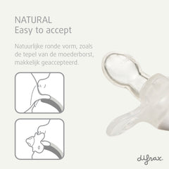 Difrax Natural fopspeen met ronde vorm zoals moedertepel - illustratie van natuurlijke zuigbeweging voor makkelijke acceptatie