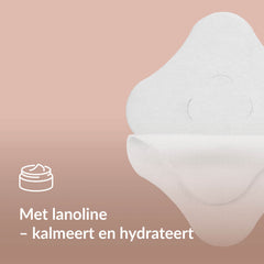 Close-up van een verkoelend tepelkompres met een potje-icoon en de tekst "Met lanoline – kalmeert en hydrateert".