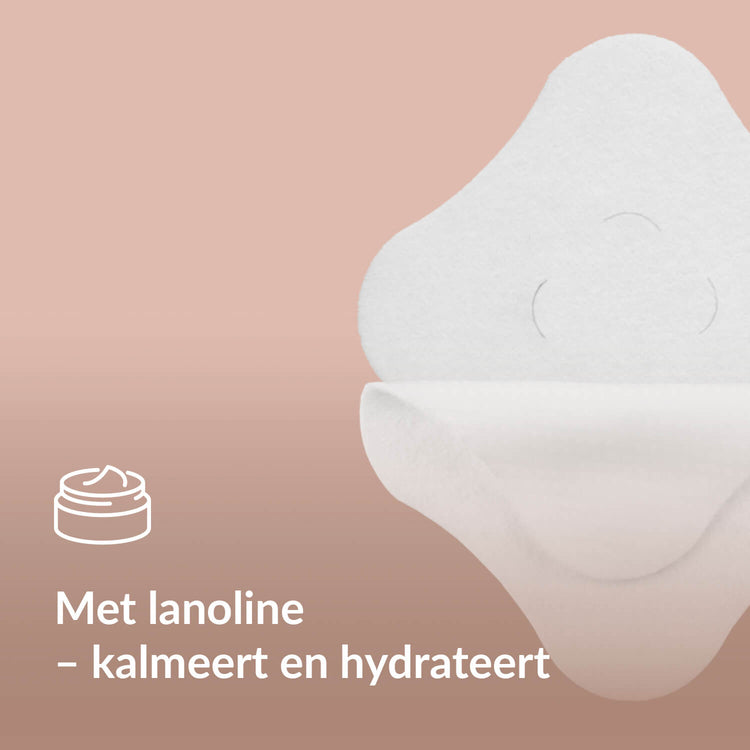 Close-up van een verkoelend tepelkompres met een potje-icoon en de tekst "Met lanoline – kalmeert en hydrateert".