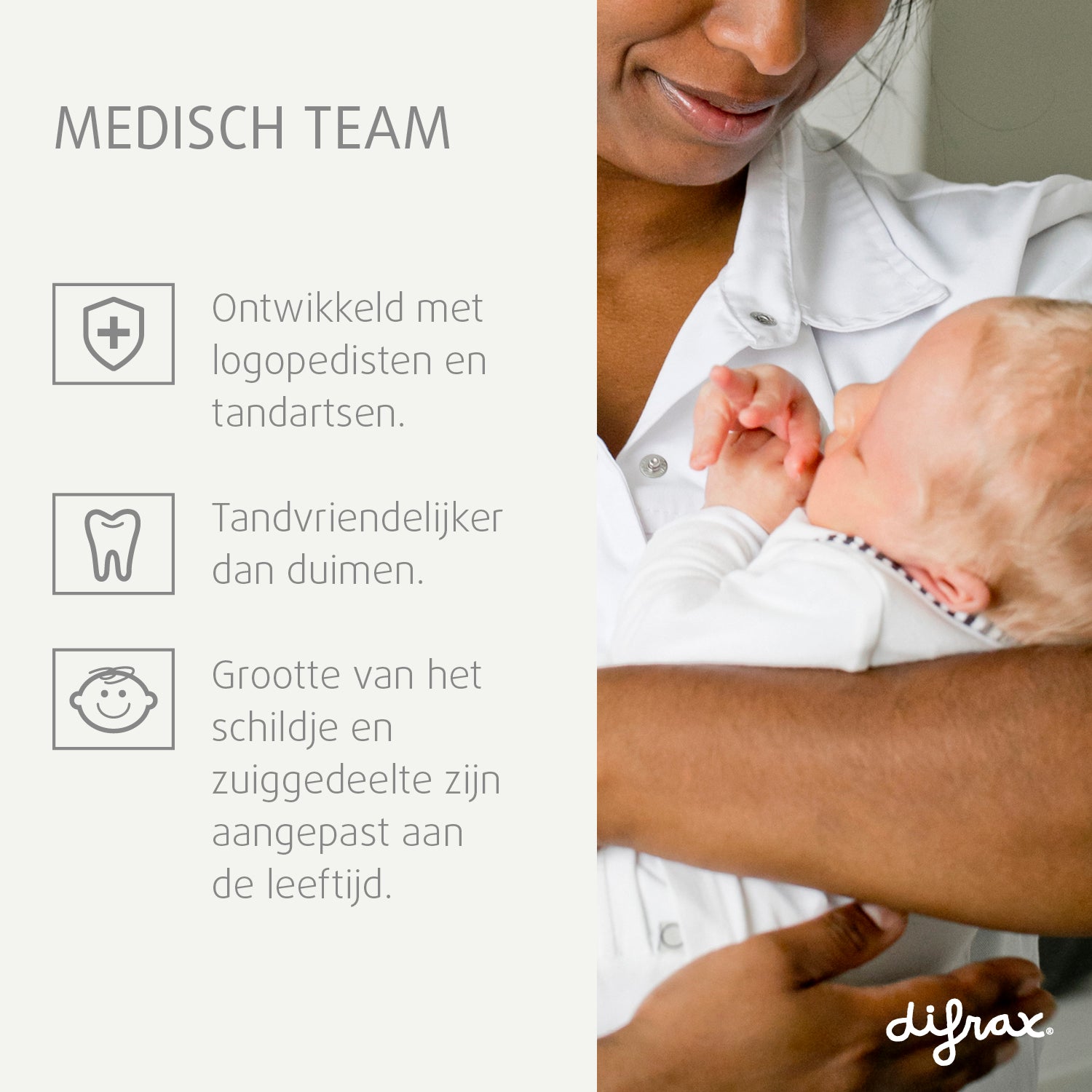 Difrax fopspeen ontwikkeld met logopedisten en tandartsen - tandvriendelijk ontwerp aangepast aan leeftijd van baby