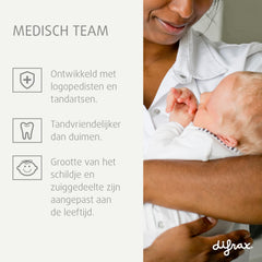 Difrax fopspeen ontwikkeld met logopedisten en tandartsen - tandvriendelijk ontwerp aangepast aan leeftijd van baby