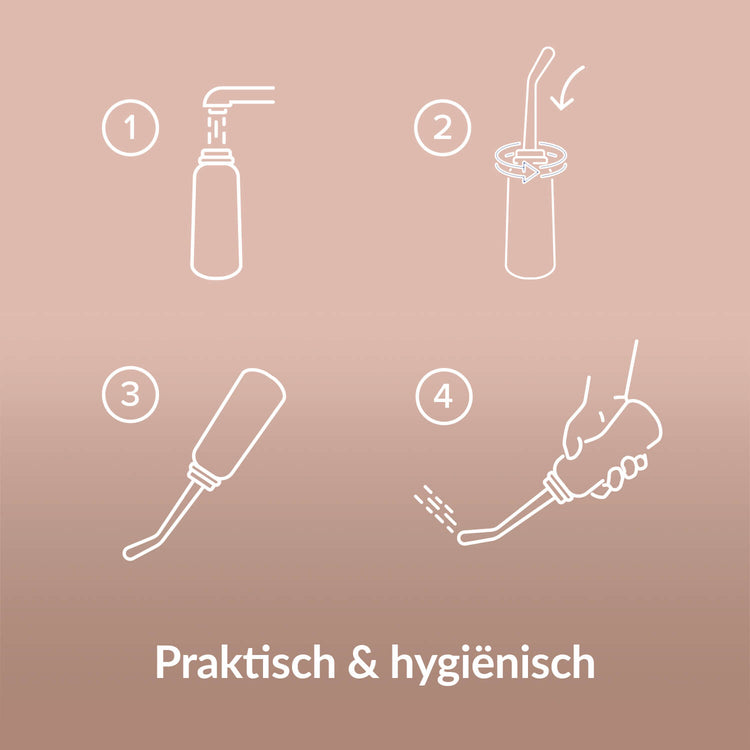 Illustratie van het gebruik van de Difrax LOVI Peri Bottle in vier stappen.