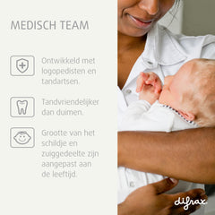 Difrax fopspeen ontwikkeld met logopedisten en tandartsen - tandvriendelijker dan duimen, maat aangepast aan leeftijd baby