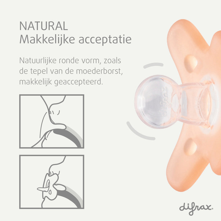Difrax Natural siliconen fopspeen 0-6 maanden peach - natuurlijke ronde vorm bootst tepel moederborst na voor optimale acceptatie