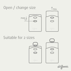 Instructiediagram Difrax Pouch Holder met "Open/change size" door push en pull mechanisme, geschikt voor 2 knijpzakformatenRetry