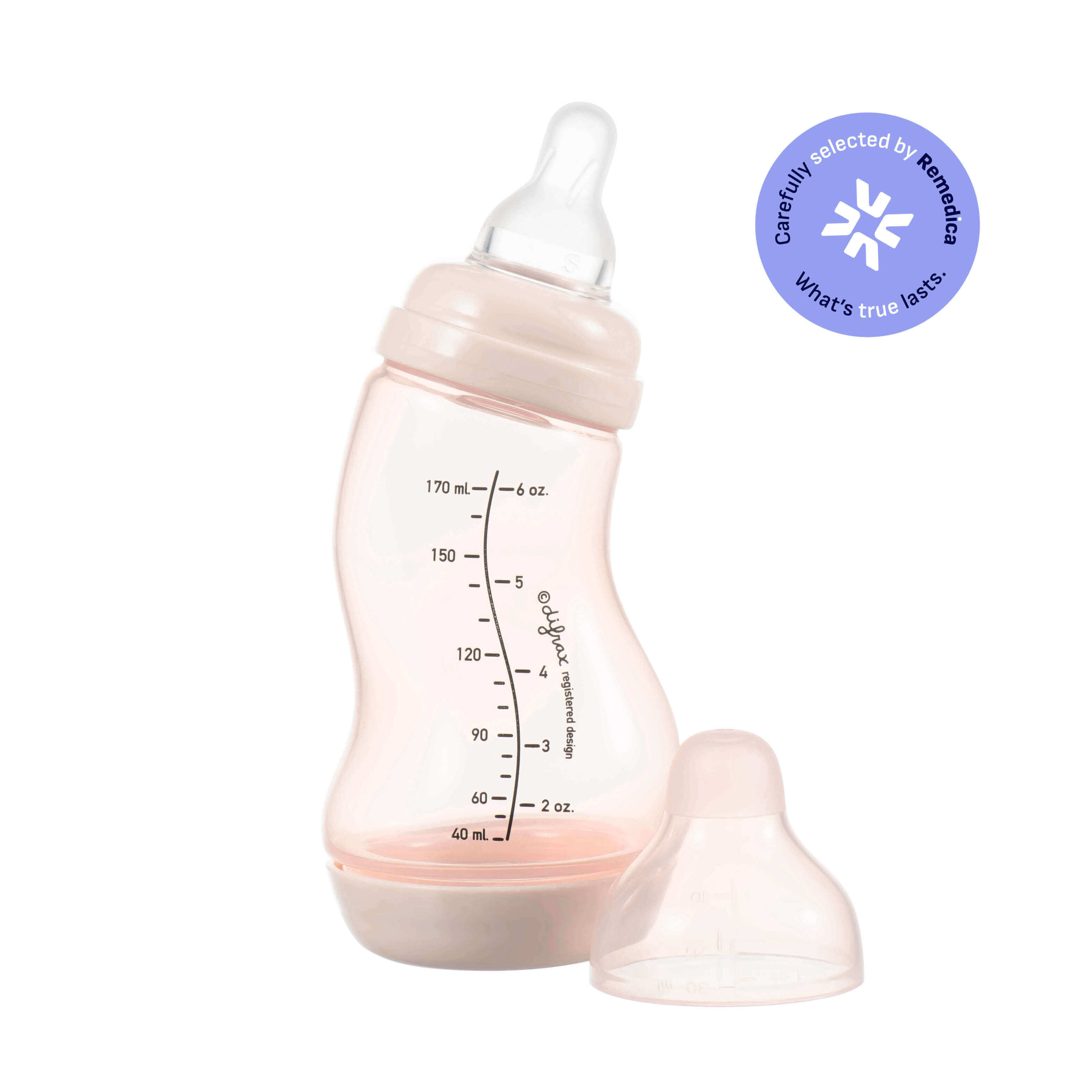 Difrax S-fles 170ml in zachte roze kleur met ergonomische vorm, inclusief speen en afneembare anti-colic bodem, met Remedica certificering badge