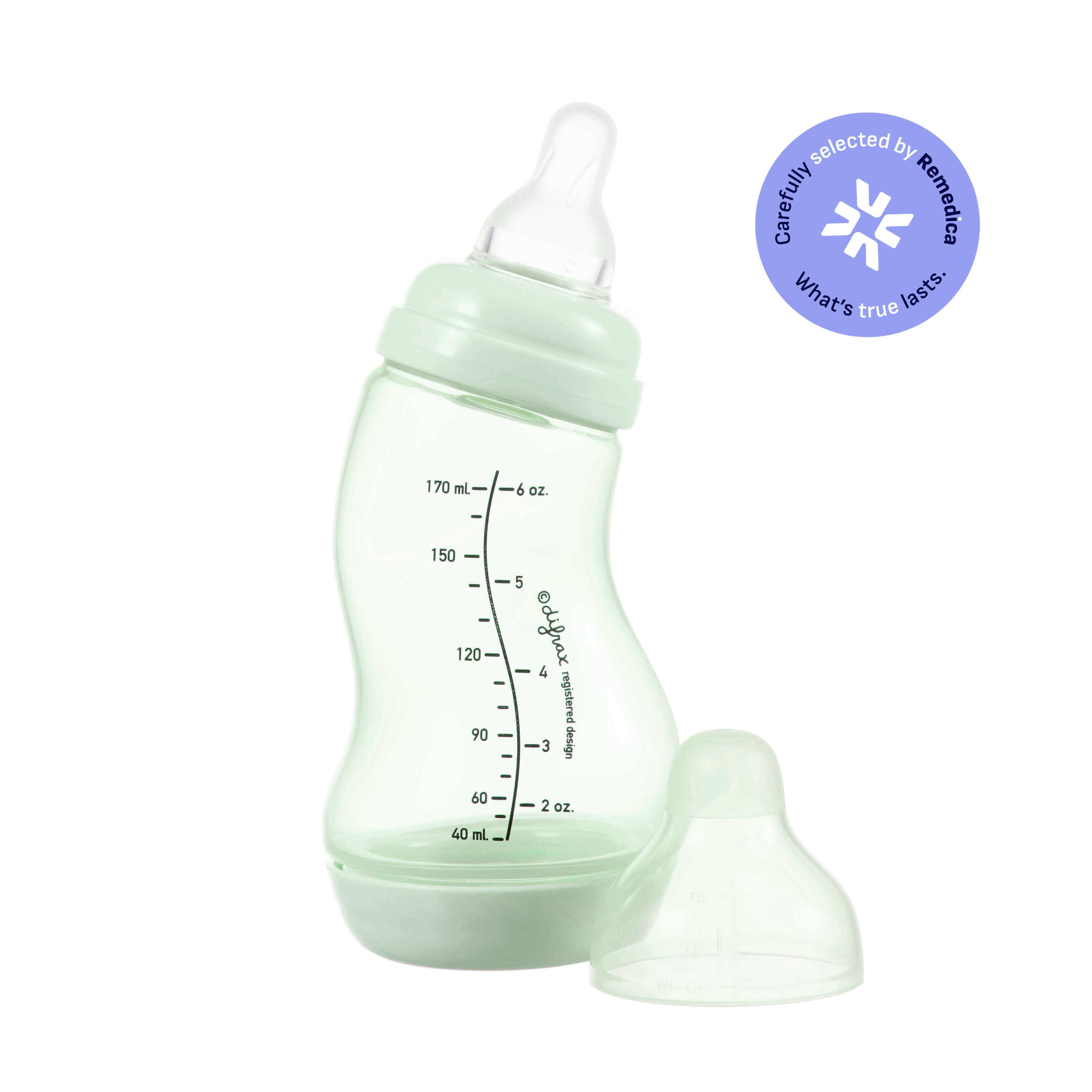 Difrax S-fles 170ml in pistachegroen met ergonomische vorm en anti-colic functie, met Remedica goedkeuring badge