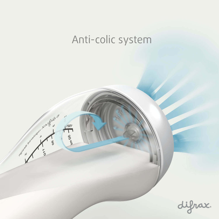 Close-up van het Difrax anti-colic ventielsysteem in de S-fles – voorkomt luchtinname en vermindert krampjes bij baby's
