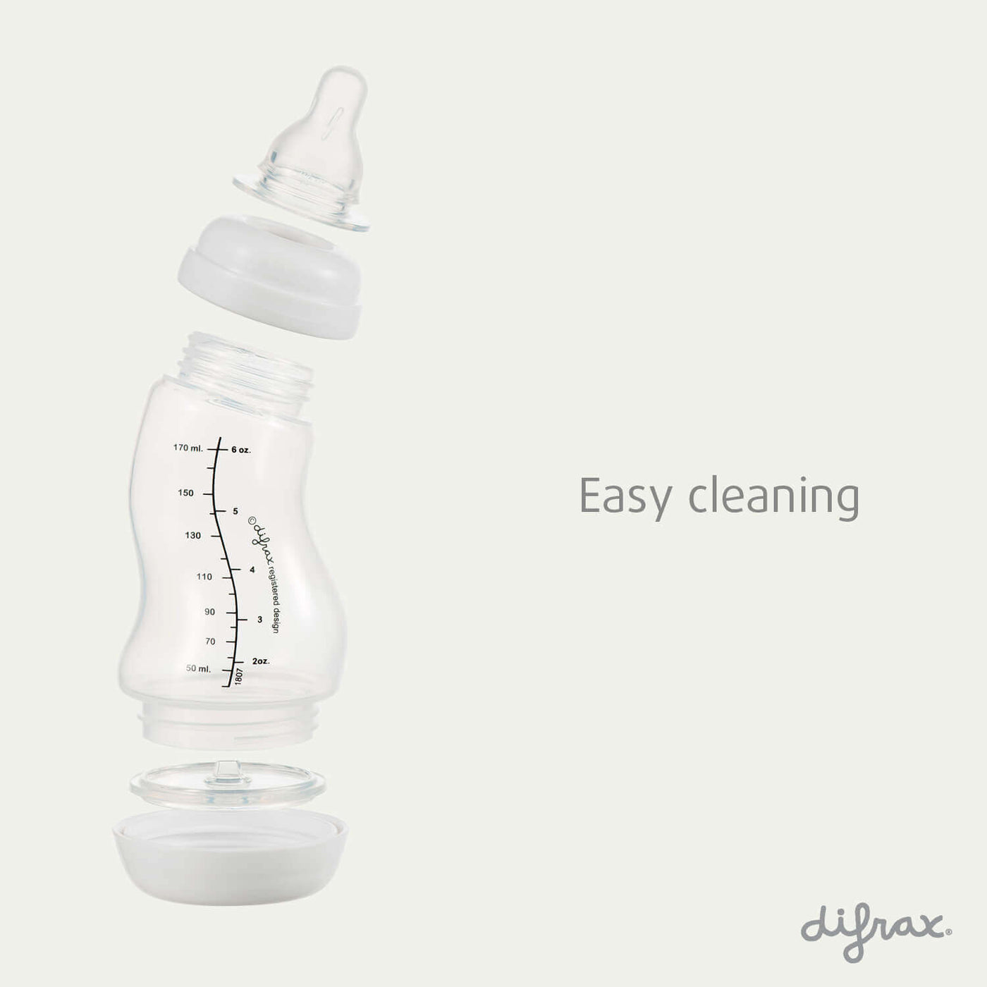 Difrax S-fles 170ml volledig gedemonteerd voor eenvoudige reiniging – speen, ring, fles en bodem afzonderlijk te reinigen